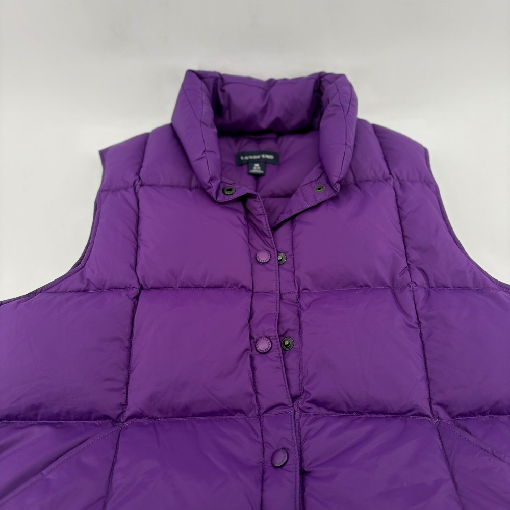 Lands End Womens Purple Down Puffer Vest Quilted Snap Front Size M 10-12